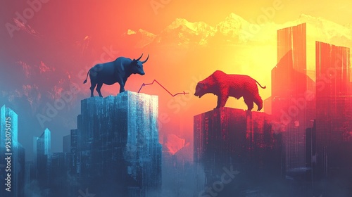 symbolic art, a bull standing on top of a rising stock price arrow, while a bear pulls down a falling arrow, minimalist background with soft gradients and subtle financial symbols photo