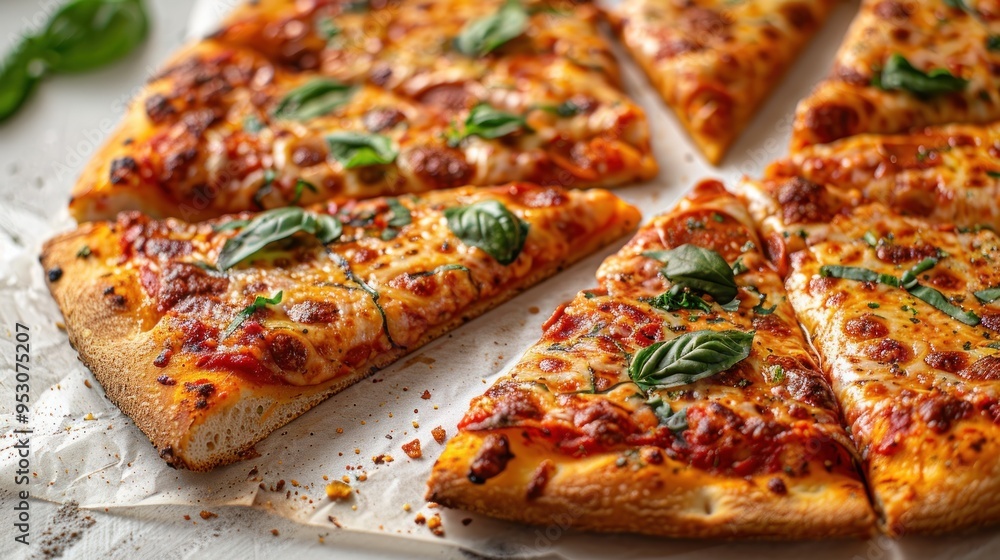 Deliciously cheesy pizza slices topped with fresh basil arranged on a rustic wooden table at twilight. Generative AI Deliciously cheesy pizza slices topped with fresh basil arranged on a rustic wooden table at twilight. Generative AI