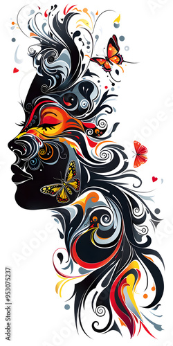 Tribal Womans Head with Butterflies tattoo flash styles illustration