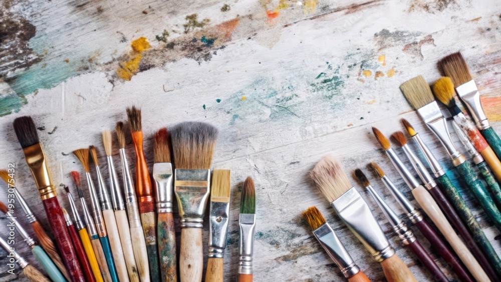 Obraz premium A Collection of Paintbrushes on a Weathered Wooden Surface