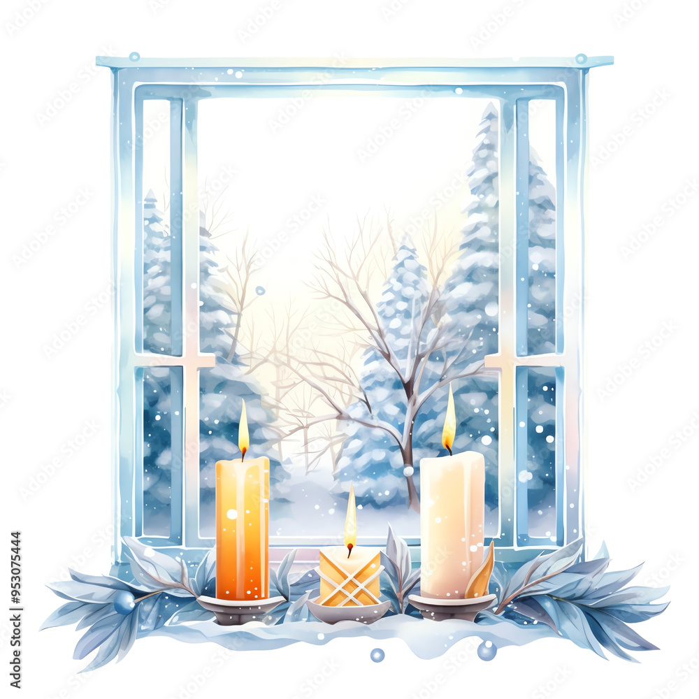 Cozy winter scene with candles on window sill, snow-covered trees outside. Perfect for holiday and winter-themed designs. Cozy winter scene with candles on window sill, snow-covered trees outside. Perfect for holiday and winter-themed designs.