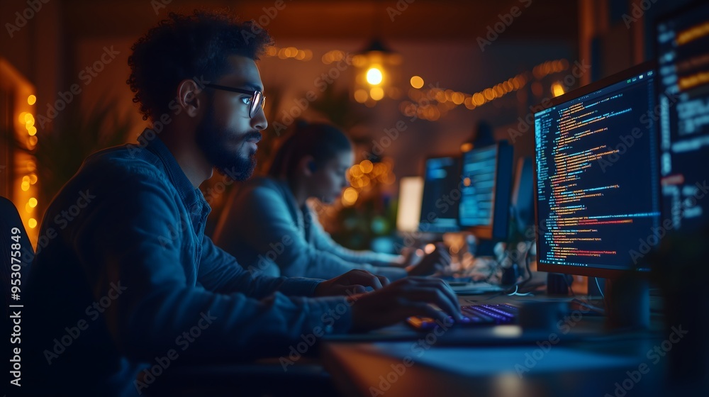 A medium shot of a diverse group of software engineers collaborating on code, multiple laptops and devices open, ambient office lighting, A medium shot of a diverse group of software engineers collaborating on code, multiple laptops and devices open, ambient office lighting,
