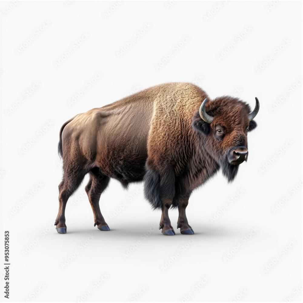 Close-up of a strong American bison, symbolizing wildlife, strength, and the rugged wilderness, standing against a white background. Close-up of a strong American bison, symbolizing wildlife, strength, and the rugged wilderness, standing against a white background.
