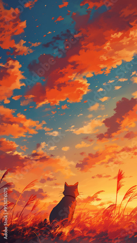 Cat. Styled like an anime or game background. Blue sky, sunset, sunrise, night, fog, snow, rain, cloudiness, autumn leaves, etc.