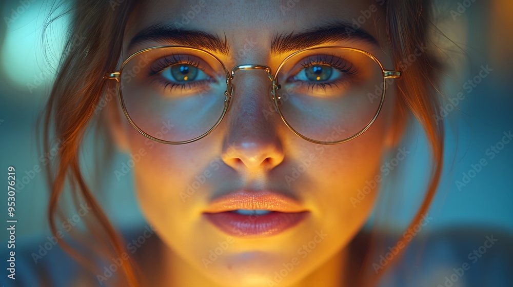A close-up shot of a woman engaged in a video conference with her business team, focused expression, computer screen reflecting on her glasses, warm ambient lighting, shot with a Sony A7R IV, 85mm len A close-up shot of a woman engaged in a video conference with her business team, focused expression, computer screen reflecting on her glasses, warm ambient lighting, shot with a Sony A7R IV, 85mm len