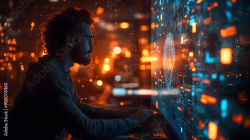  A high angle wide shot of a tech-savvy professional collaborating with a generative AI model in a futuristic office, glowing holographic displays, shot during twilight with a Fujifilm GFX 100S, 