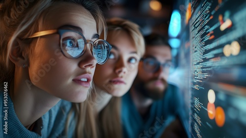 Low Angle Close-Up of Multicultural Software Engineers Analyzing Code on Large Screen - Bright Office Lighting and Natural Tones