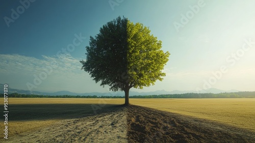 Half-Green, Half-Dry Tree in Empty Field