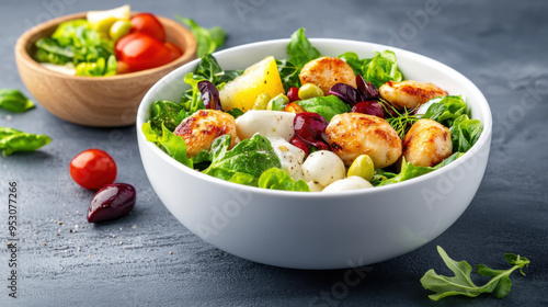 A vibrant and healthy salad bowl filled with fresh vegetables, grilled chicken, and mozzarella cheese on a gray background.