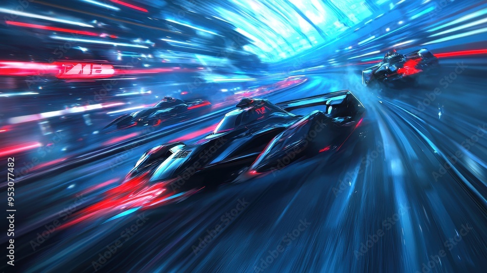 Futuristic Race Cars Speeding Through Neon Cityscape Futuristic Race Cars Speeding Through Neon Cityscape
