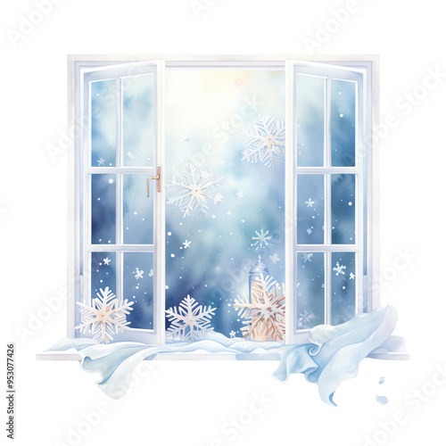 Open window with a winter view, featuring falling snowflakes and blue sky, conveying chilly and serene atmosphere.