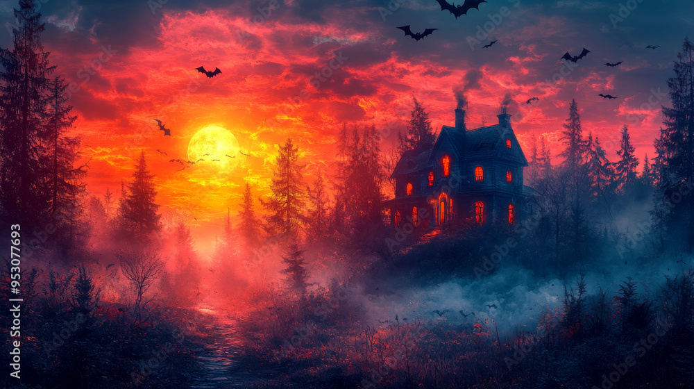 Halloween night with a spooky house and bats, Halloween background Halloween night with a spooky house and bats, Halloween background