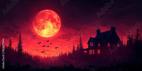 Halloween night with a spooky house and bats, Halloween background photo