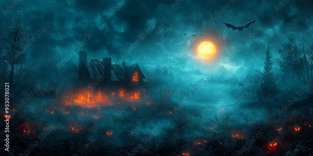 Halloween night with a spooky house and bats, Halloween background Halloween night with a spooky house and bats, Halloween background