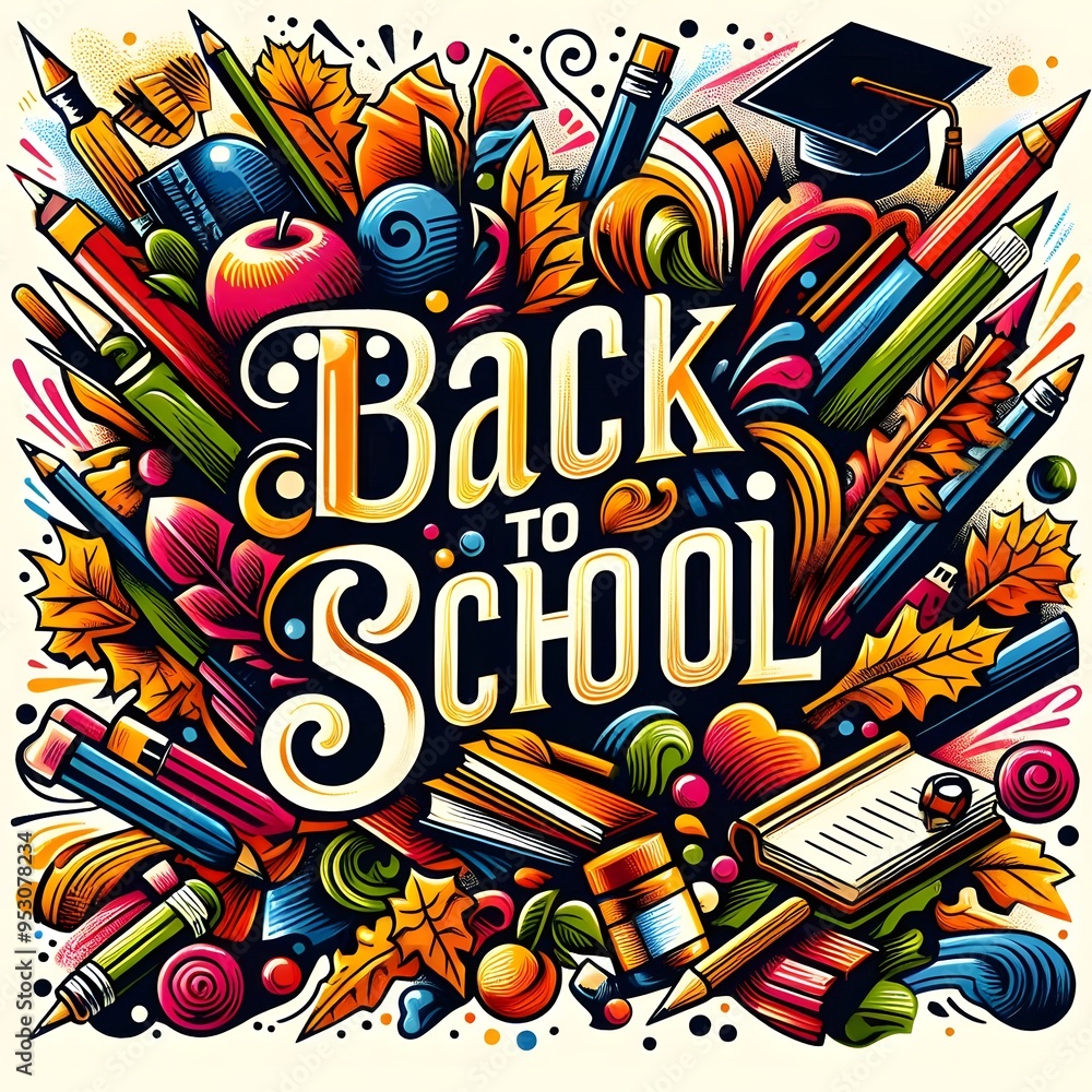 Fototapeta premium Back to school colorful illustration typography design.