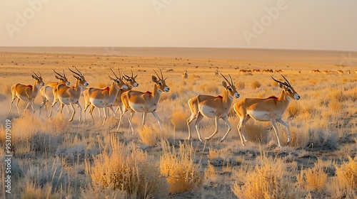 Saiga antelope herd migrating across the vast Kazakh steppe, their unique, bulbous snouts prominently visible as they move through the barren, expansive landscape 