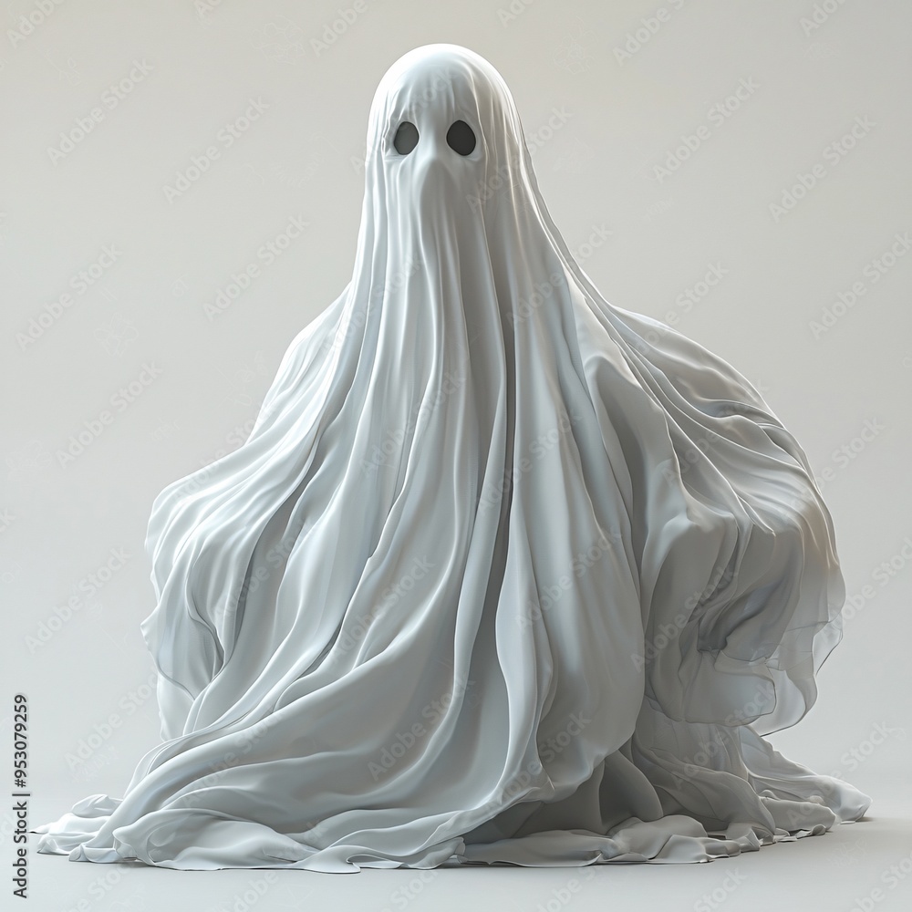 A whimsical ghost figure on a solid white background perfect for Halloween-themed designs, invitations, and decor, with copy space. A whimsical ghost figure on a solid white background perfect for Halloween-themed designs, invitations, and decor, with copy space.