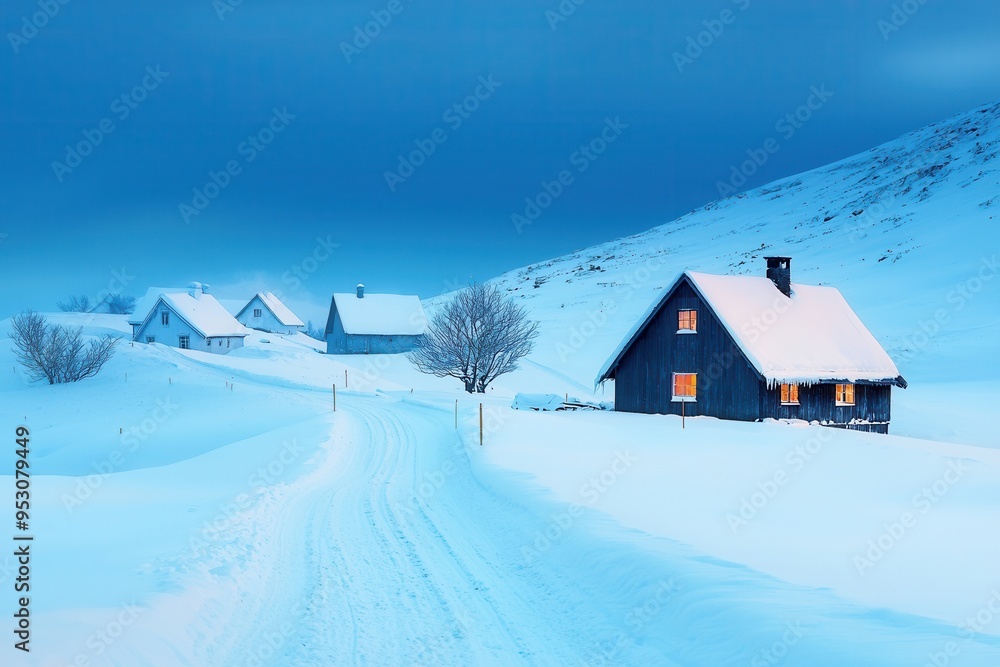 Fototapeta premium Snow-covered village at dusk during Thorrablot in Iceland.
