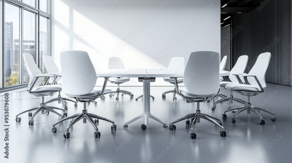 Minimalist conference room featuring a large table surrounded by white ergonomic chairs in a bright, open office environment. Minimalist conference room featuring a large table surrounded by white ergonomic chairs in a bright, open office environment.
