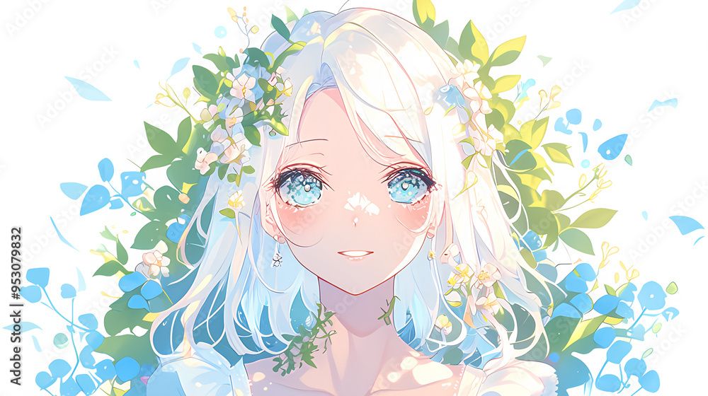 Cute avatar of white haired idol face in anime cartoon style