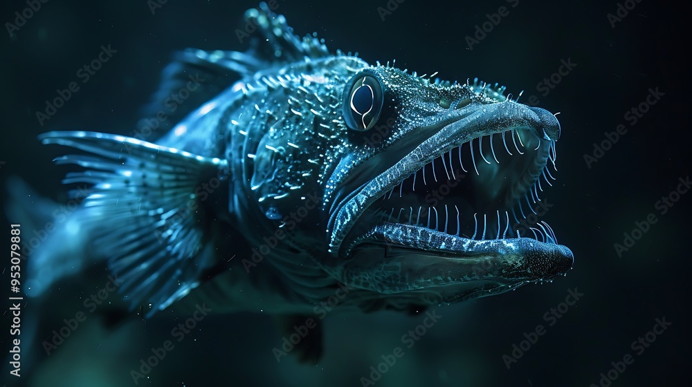 Viperfish hunting in the deep sea, its bioluminescent lure glowing brightly in the darkness, highlighting the predatory behavior of this sinister-looking fish Viperfish hunting in the deep sea, its bioluminescent lure glowing brightly in the darkness, highlighting the predatory behavior of this sinister-looking fish
