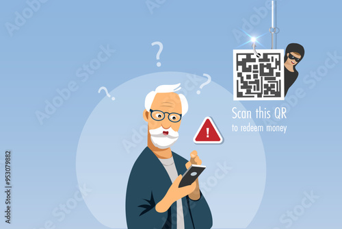 Senior man with online QR code phishing scam, Phishing hook with fraud QR code link to steal money from bank account, cyber crime attack. Vector.