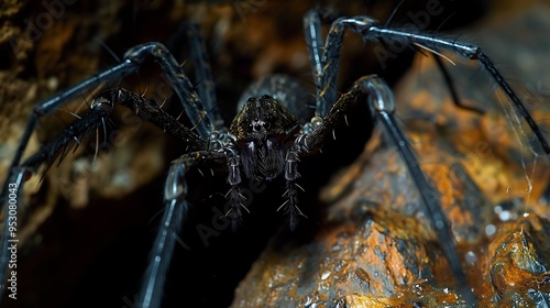 Amblypygi whip spider, an alien-like arachnid clinging to a cave wall, its menacing appearance highlighted by the dim, eerie lighting  photo