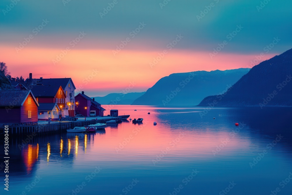 Fototapeta premium Soft twilight over a quiet town during Constitution Day in Norway.