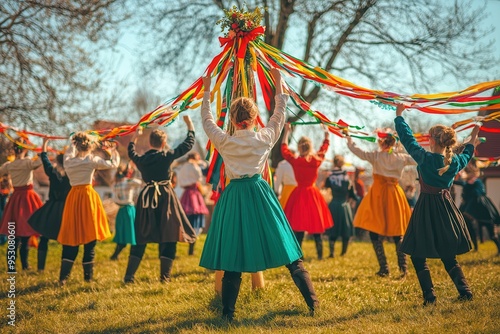 Obraz na płótnie Spring festival in a German village, maypole decorated with ribbons, people in traditional clothing dancing around it, bright sunny day, cheerful and festive mood.
w salonie