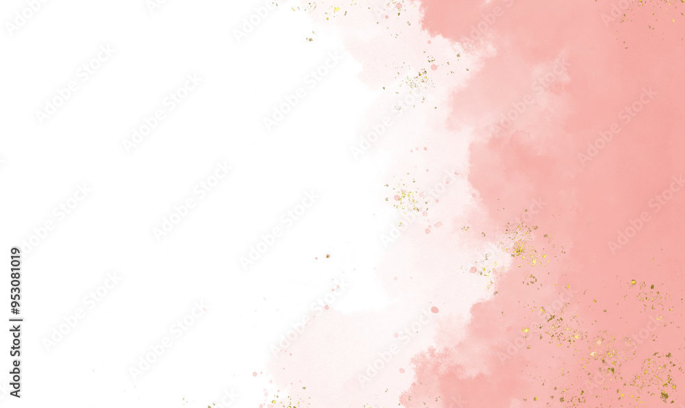Fototapeta premium Pastel pink watercolor paint brush glitter gold for wedding elements. watercolour texture for cards, greetings or invitations. Brushstrokes and splashes