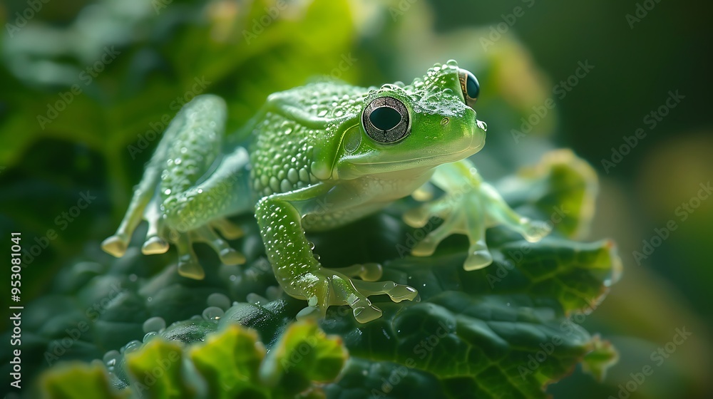 Glass frog sitting on a leaf, its transparent skin revealing the internal organs, the scene illuminated by soft, natural light Glass frog sitting on a leaf, its transparent skin revealing the internal organs, the scene illuminated by soft, natural light