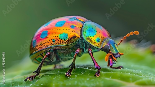 Golden tortoise beetle changing colors, the iridescent shell captured in a close-up that showcases the beetle's metallic, reflective qualities  photo