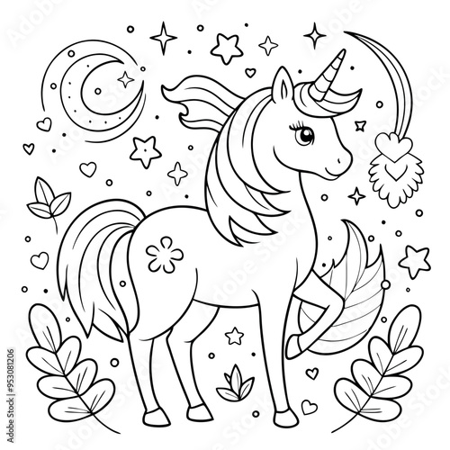 A coloring page of a unicorn eyecatching Illustrative eyecatching accessible.