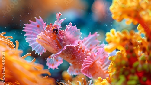 Hairy frogfish luring prey with its fish-like appendage, hiding in the vibrant coral reef, its camouflage blending seamlessly with its surroundings  photo