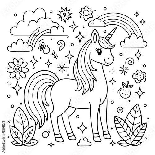 A coloring page of a unicorn eyecatching Illustrative eyecatching accessible.
