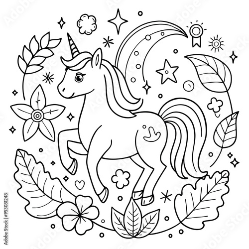 A coloring page of a unicorn eyecatching Illustrative eyecatching accessible.