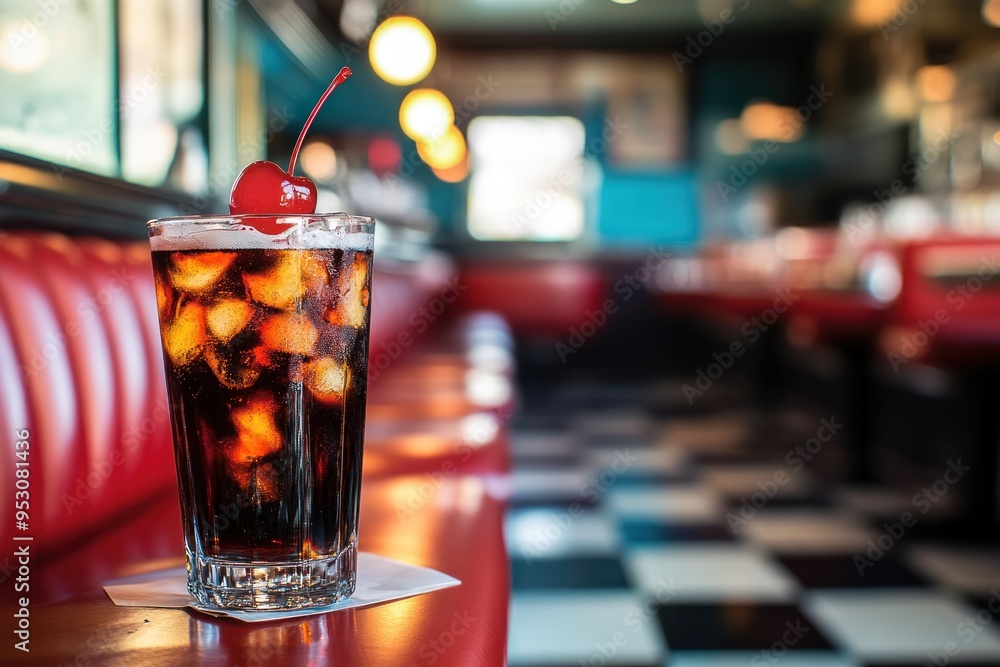 A classic diner scene with red leather seats, checkered floors and an ice cold glass of dark soda in focus A classic diner scene with red leather seats, checkered floors and an ice cold glass of dark soda in focus