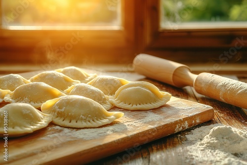 Traditional Polish kitchen scene with pierogi being prepared on a wooden table, flour and rolling pin nearby, warm natural light photo