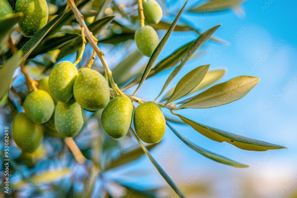 A close up of green olives hanging from an olive tree branch, with leaves and blue sky in the background A close up of green olives hanging from an olive tree branch, with leaves and blue sky in the background