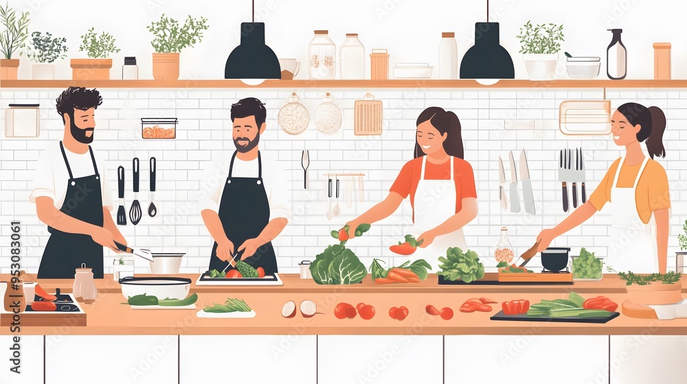 A bright kitchen with customers chopping vegetables and following a recipe A bright kitchen with customers chopping vegetables and following a recipe