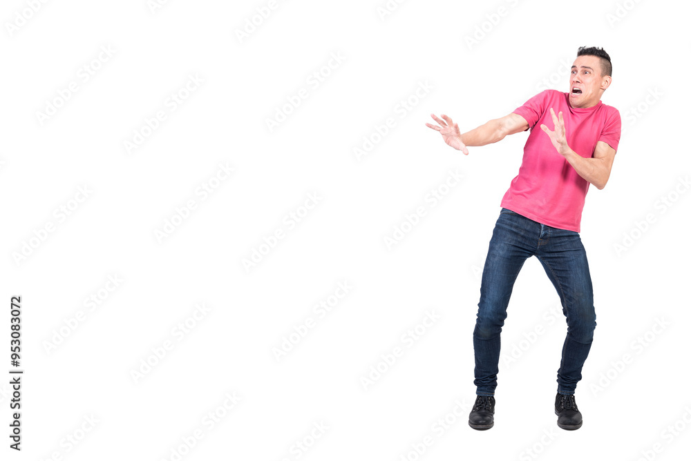 Scared man screaming in panic. White background Scared man screaming in panic. White background