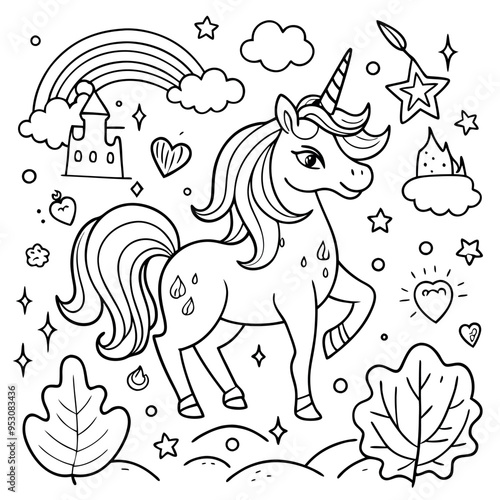 A coloring page of a unicorn eyecatching Illustrative eyecatching accessible.