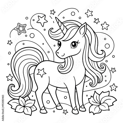 A coloring page of a unicorn eyecatching Illustrative eyecatching accessible.