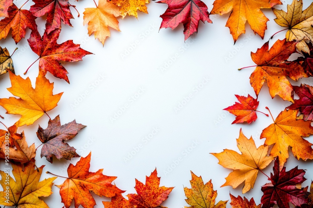 Fototapeta premium Autumn Maple Leaves Flat Lay White Background created with Generative AI