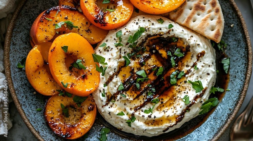 A delicious dish of grilled peach slices paired with creamy ricotta, topped with balsamic glaze, fresh herbs, and served with flatbread. A delicious dish of grilled peach slices paired with creamy ricotta, topped with balsamic glaze, fresh herbs, and served with flatbread.