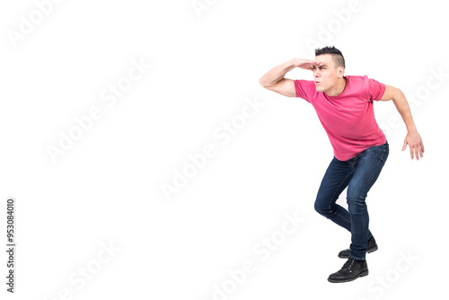 Worried male looking at distance. White background