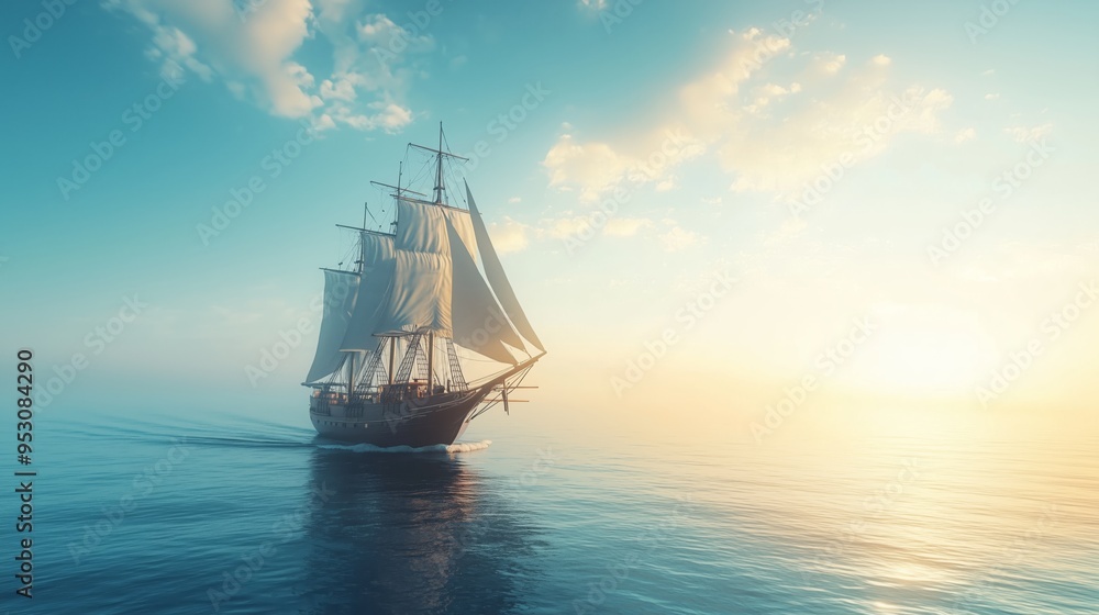A sailing ship on a calm sea at sunrise, symbolizing adventure, exploration, and the tranquil beauty of nature. A sailing ship on a calm sea at sunrise, symbolizing adventure, exploration, and the tranquil beauty of nature.