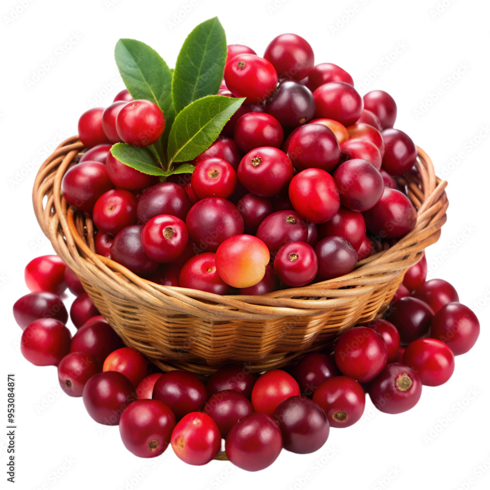 A basket of red berries and a green leaf A basket of red berries and a green leaf