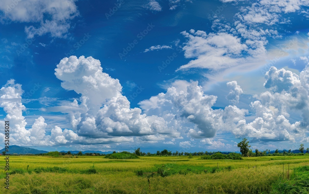 Panoramic landscape with blue sky and white clouds over green fields. Panoramic landscape with blue sky and white clouds over green fields.