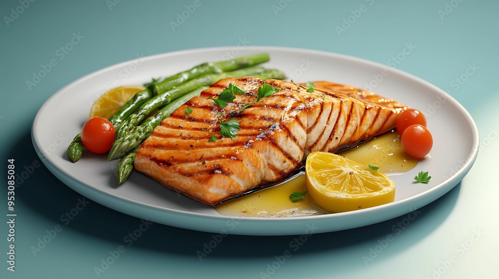 Grilled salmon fillet served with fresh asparagus, cherry tomatoes, and lemon slices, perfect for a healthy, flavorful meal. Grilled salmon fillet served with fresh asparagus, cherry tomatoes, and lemon slices, perfect for a healthy, flavorful meal.